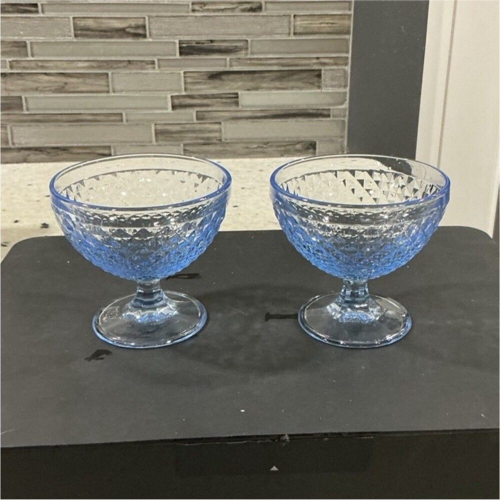 Blue Pressed Glass Diamond Pattern Dessert Bowls Set of 2, 4.5" Diameter